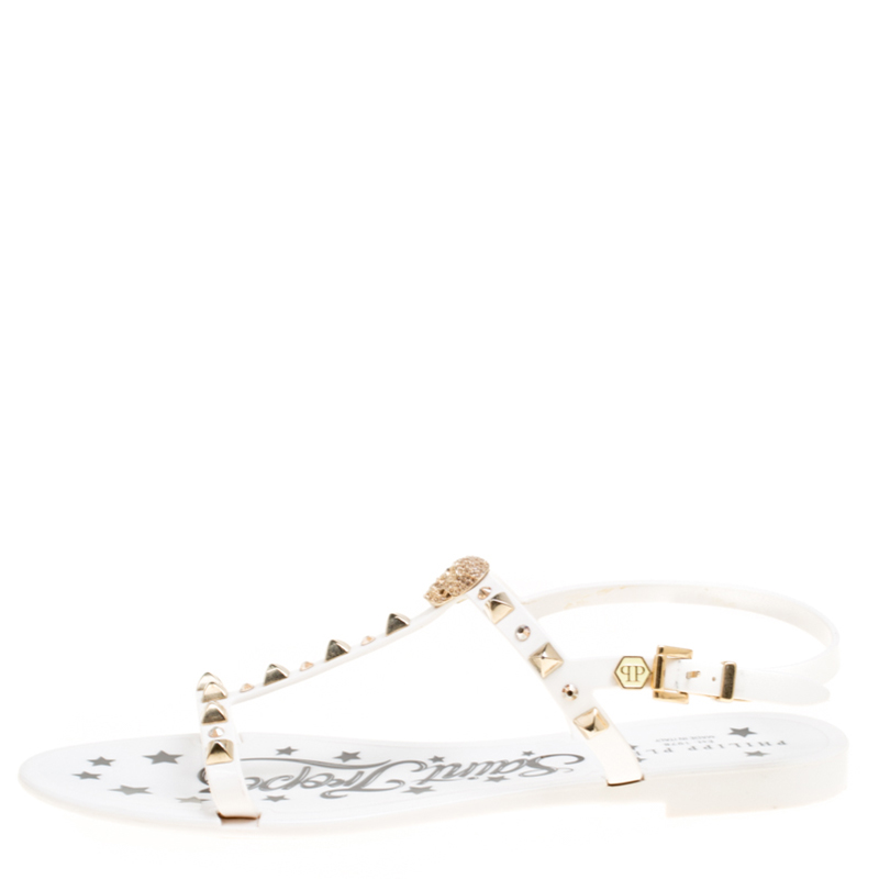 Pre Owned Philipp Plein White Jelly Crystal Skull Embellished T Strap Sandals Size 39