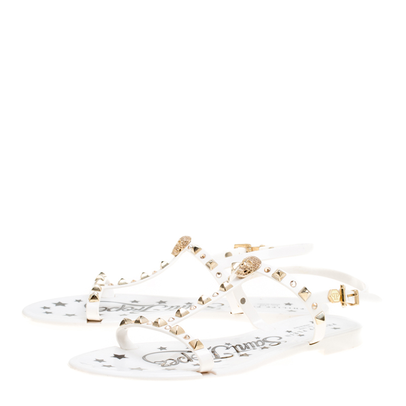 Pre Owned Philipp Plein White Jelly Crystal Skull Embellished T Strap Sandals Size 39