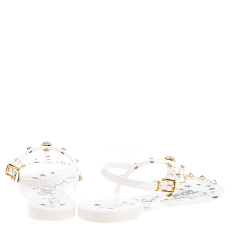 Pre Owned Philipp Plein White Jelly Crystal Skull Embellished T Strap Sandals Size 39