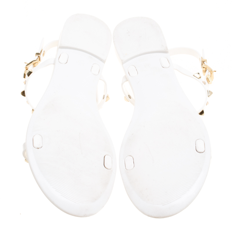 Pre Owned Philipp Plein White Jelly Crystal Skull Embellished T Strap Sandals Size 39