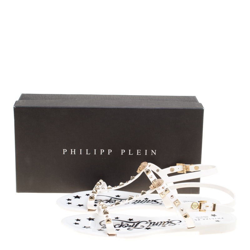 Pre Owned Philipp Plein White Jelly Crystal Skull Embellished T Strap Sandals Size 39