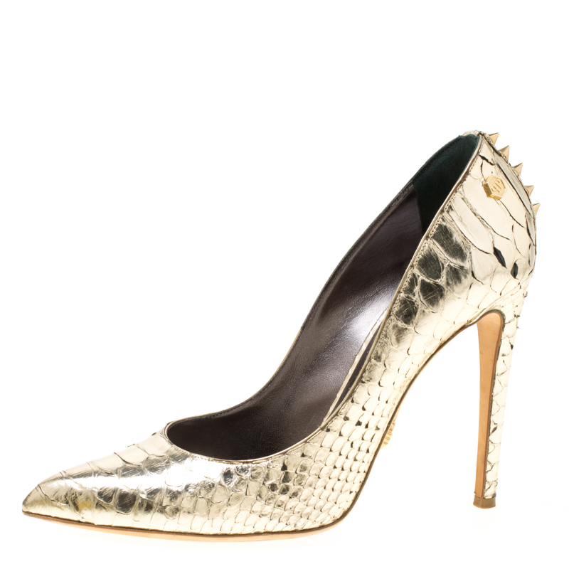 

Philipp Plein Metallic Gold Python Studded Pointed Toe Pumps Size