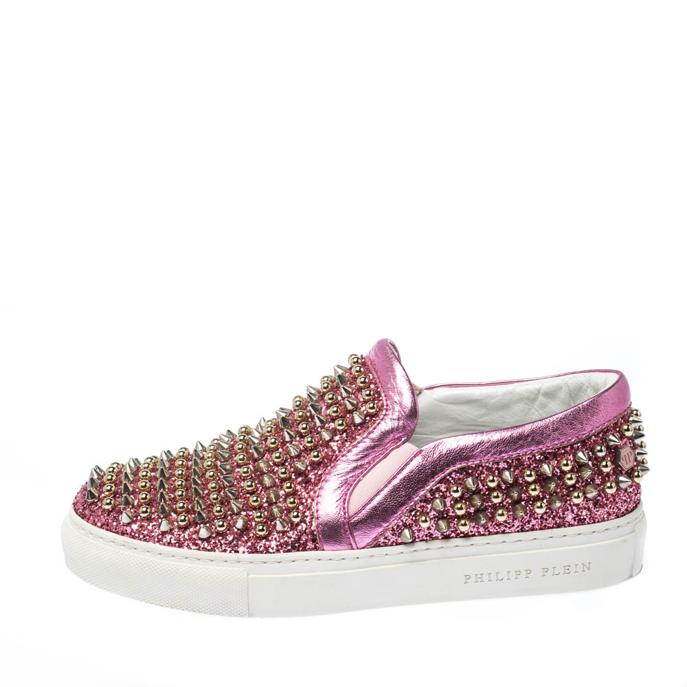 

Phillip Plein Pink Leather and Glitter Spike Gall Slip On Sneakers Size