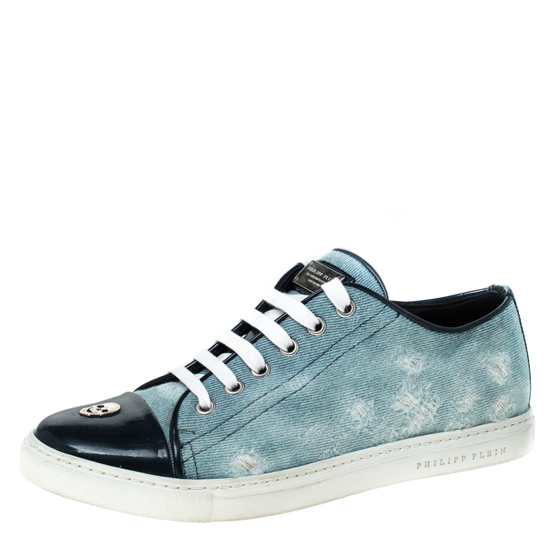 Pre Owned Philipp Plein Blue Denim Skull Cap Toe Lace Up Low Top Sneakers Size 37.5