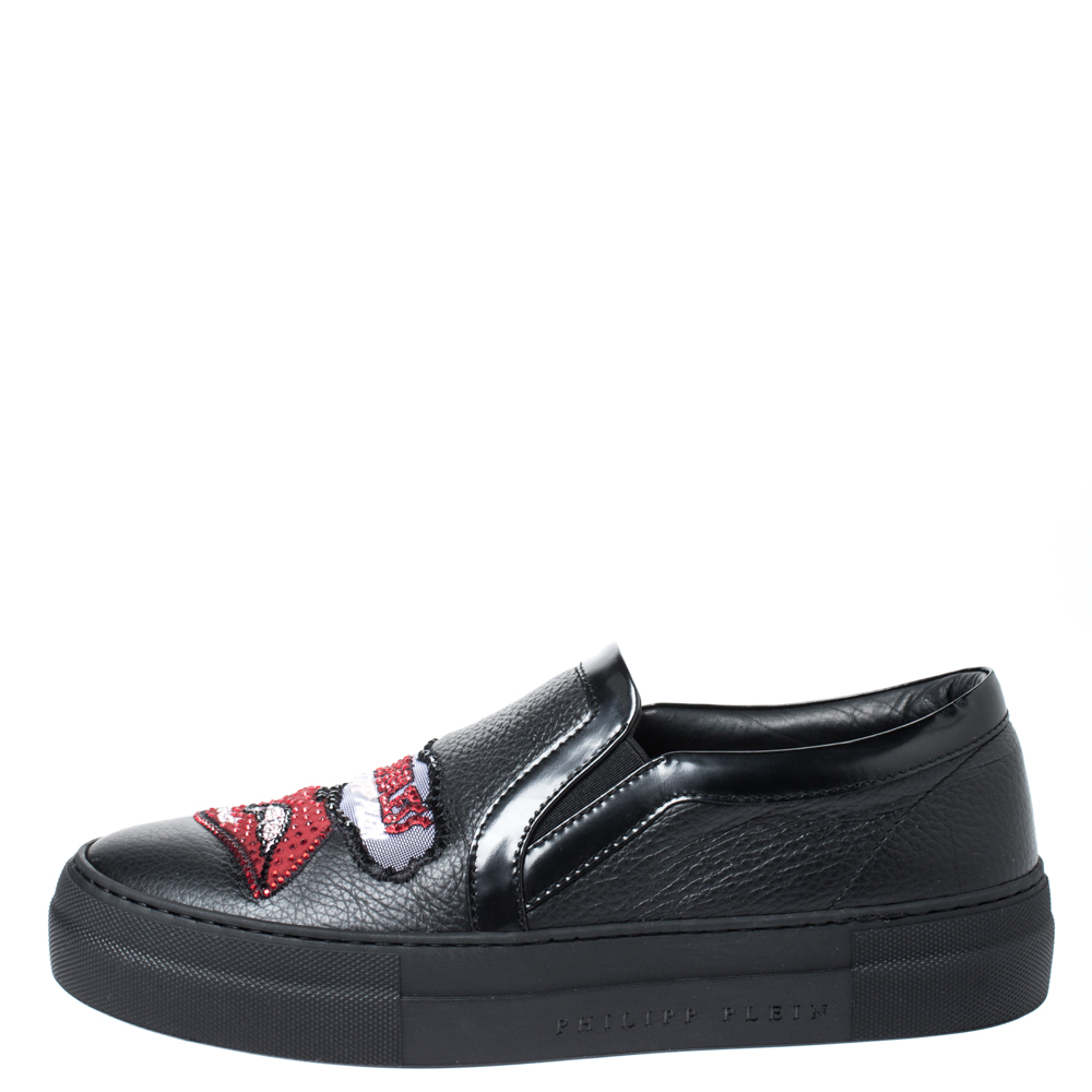 

Phillip Plein Black Leather Busybody Slip On Sneakers