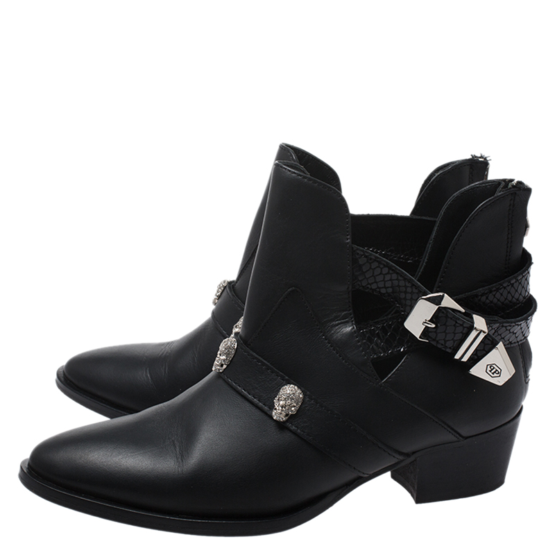 Pre-owned Philipp Plein Black Leather Skull Detail Ankle Boots Size 37