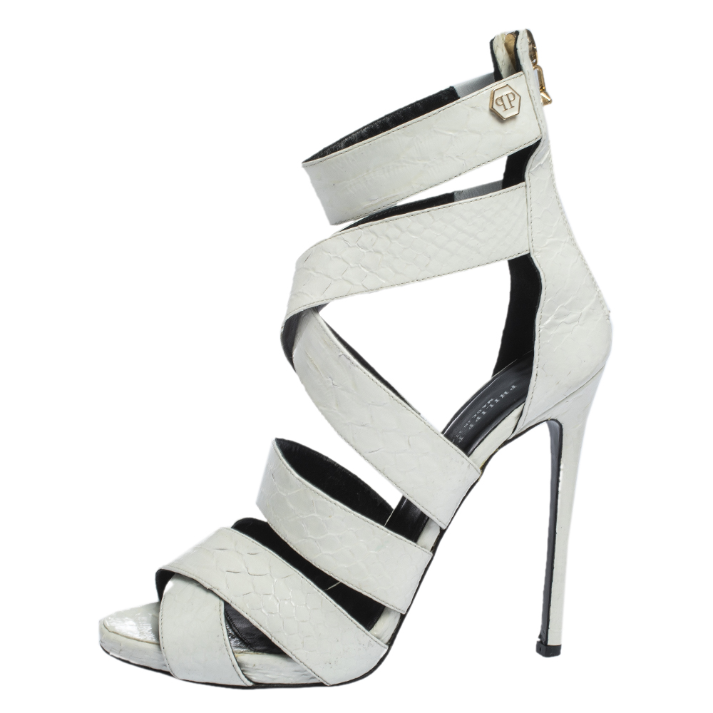 

Philipp Plein White Python Embossed Leather Caged Open Toe Sandals Size