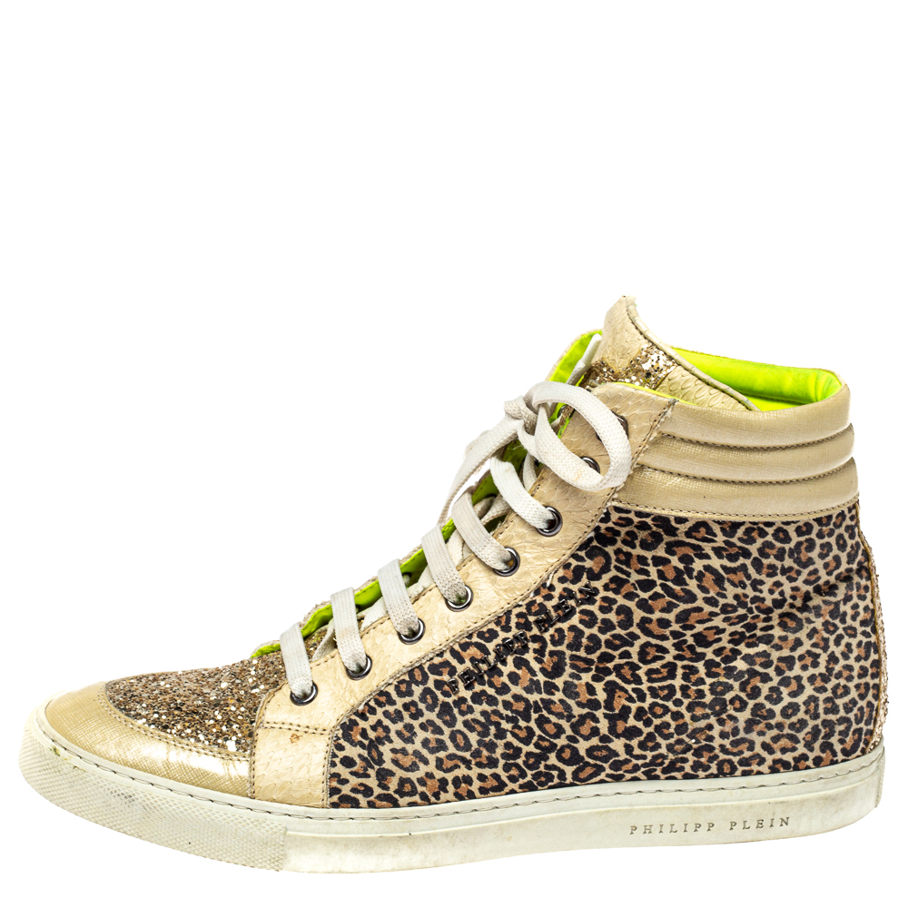 

Philipp Plein Animal Print Suede And Python Trim Jungle Glitter High Top Sneakers Size, Beige