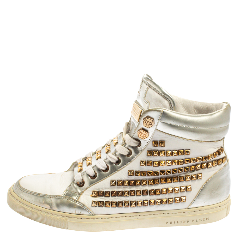 

Philipp Plein White Leather Studded High Top Sneakers Size