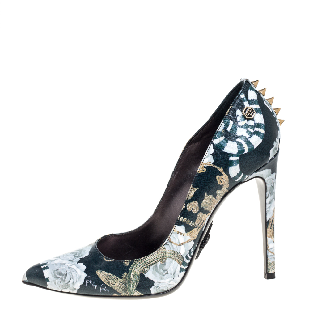 

Philipp Plein Green Printed Leather Spike Pumps Size