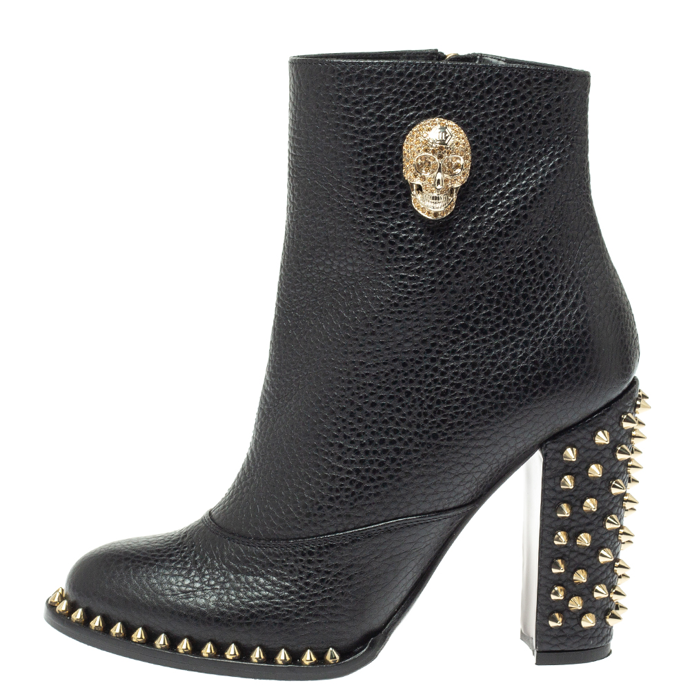 

Philipp Plein Black Leather Skull Embellished/Studded Ankle Boots Size