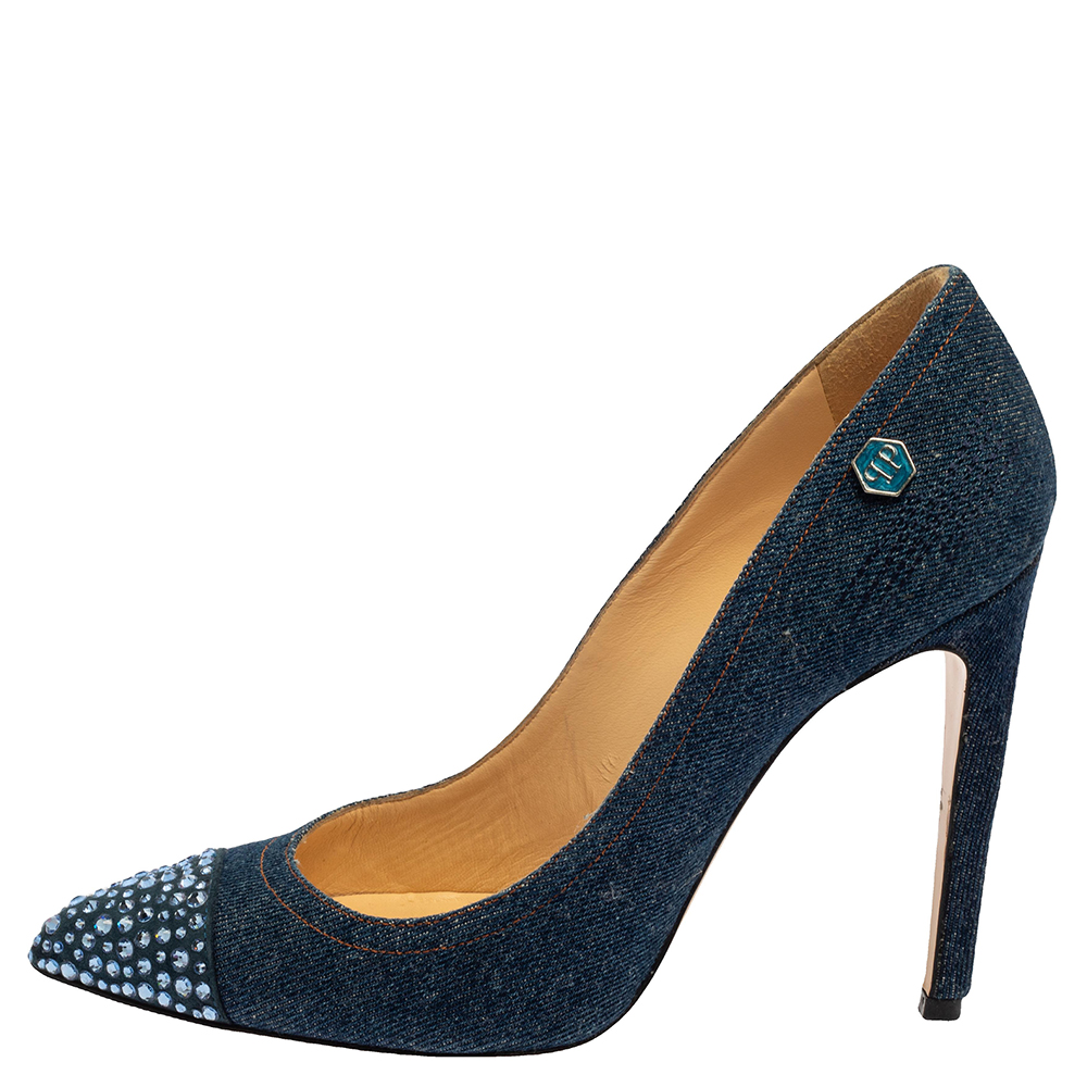 

Philipp Plein Blue Embellished Denim Pumps Size