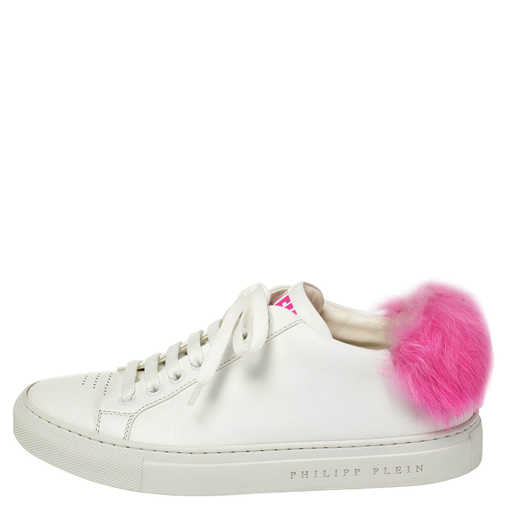 

Philipp Plein White/Pink Leather Slumber Party Low Top Sneakers Size