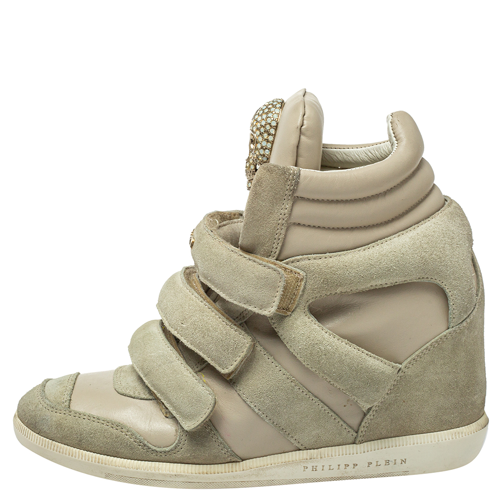 

Philipp Plein Beige Leather And Suede Skull High Top Sneakers Size, Grey