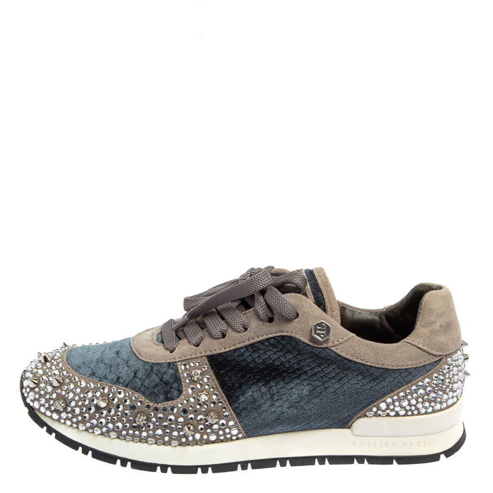 

Philipp Plein Grey/Blue Suede and Velvet Spike Embellished Sneakers Size