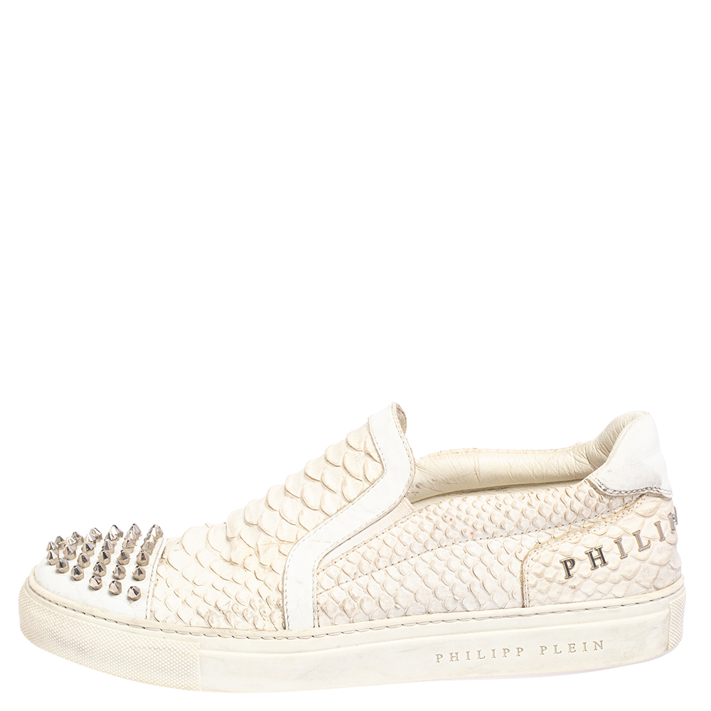 

Philipp Plein Cream Python Embossed Leather Spike Slip On Sneakers Size