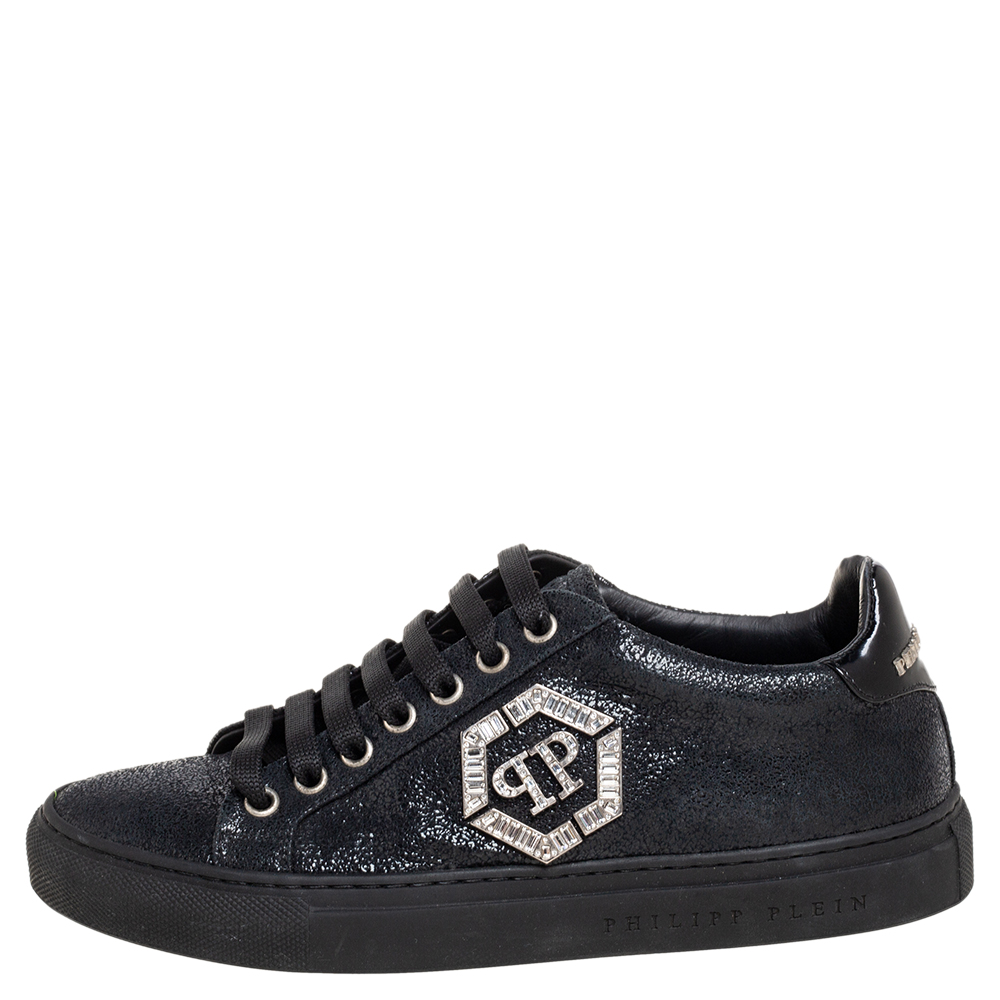 

Philipp Plein Black Textured Suede And Patent Leather Crystals Logo Low Top Sneakers Size