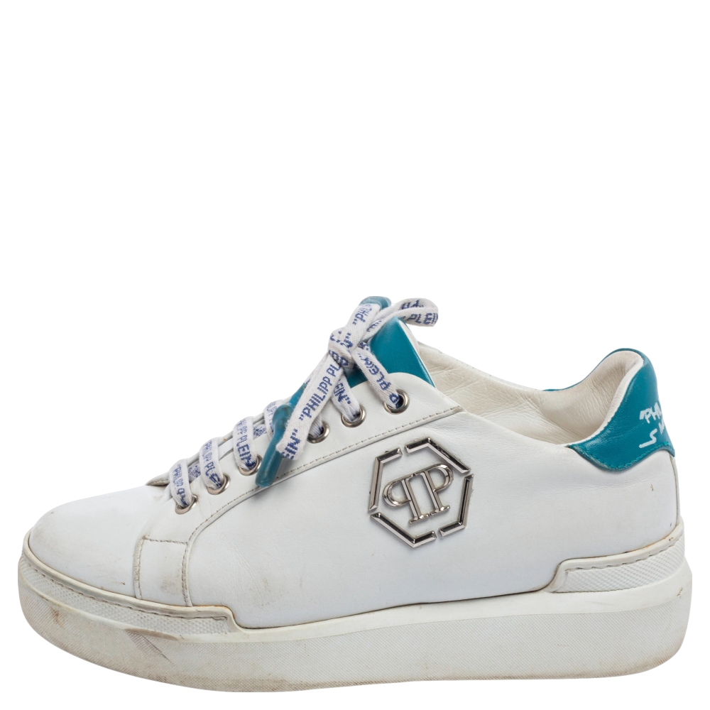 

Philipp Plein White Leather Logo Lace Up Sneakers Size