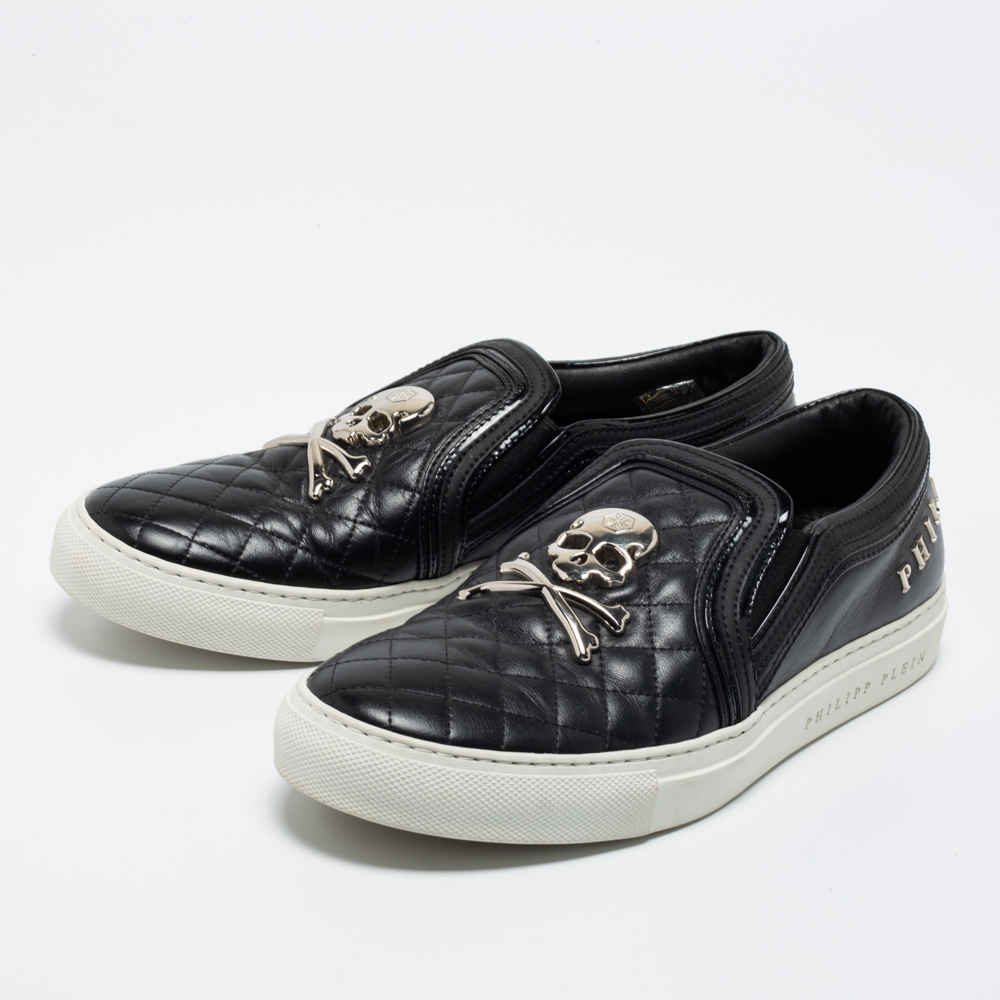 

Philipp Plein Black Quilted Leather Skull Slip-On Sneakers Size