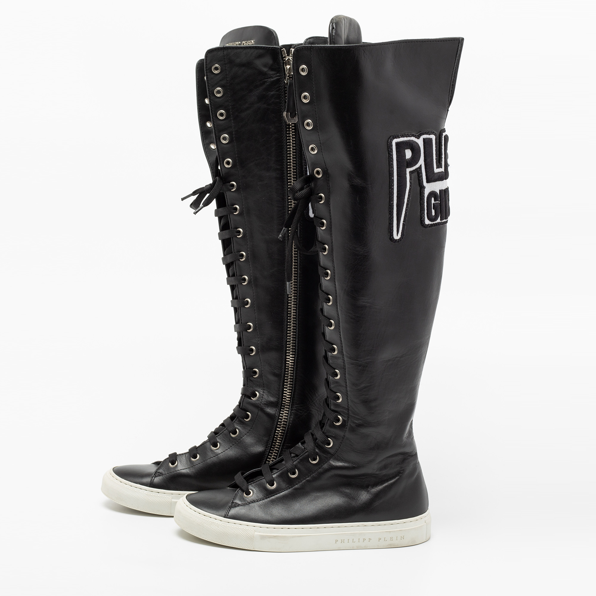 

Philipp Plein Black Leather Knee High Embroidered Sneaker Boots Size