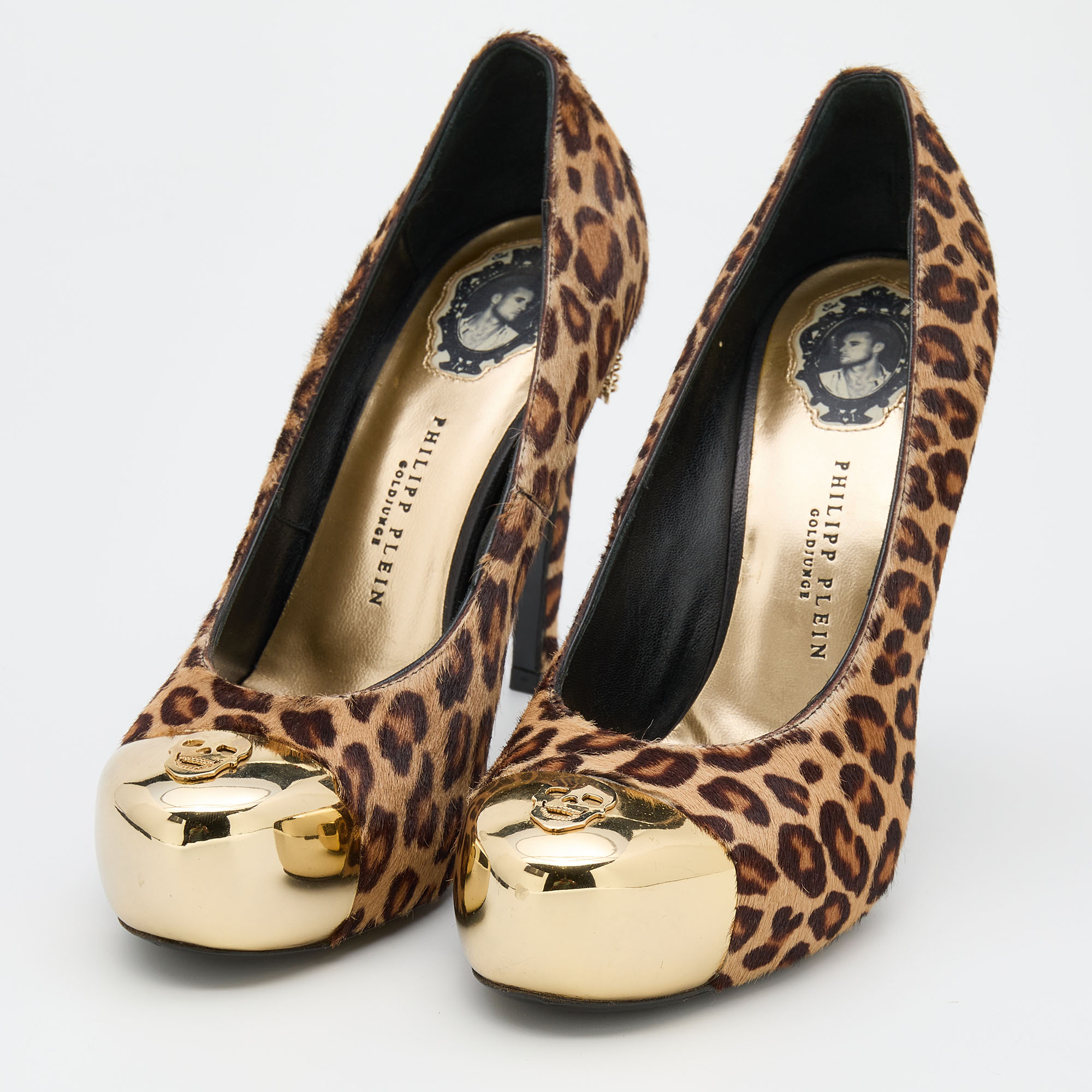 

Philipp Plein Beige/Brown Leopard Print Calf Hair Metal Cap Toe Platform Pumps Size