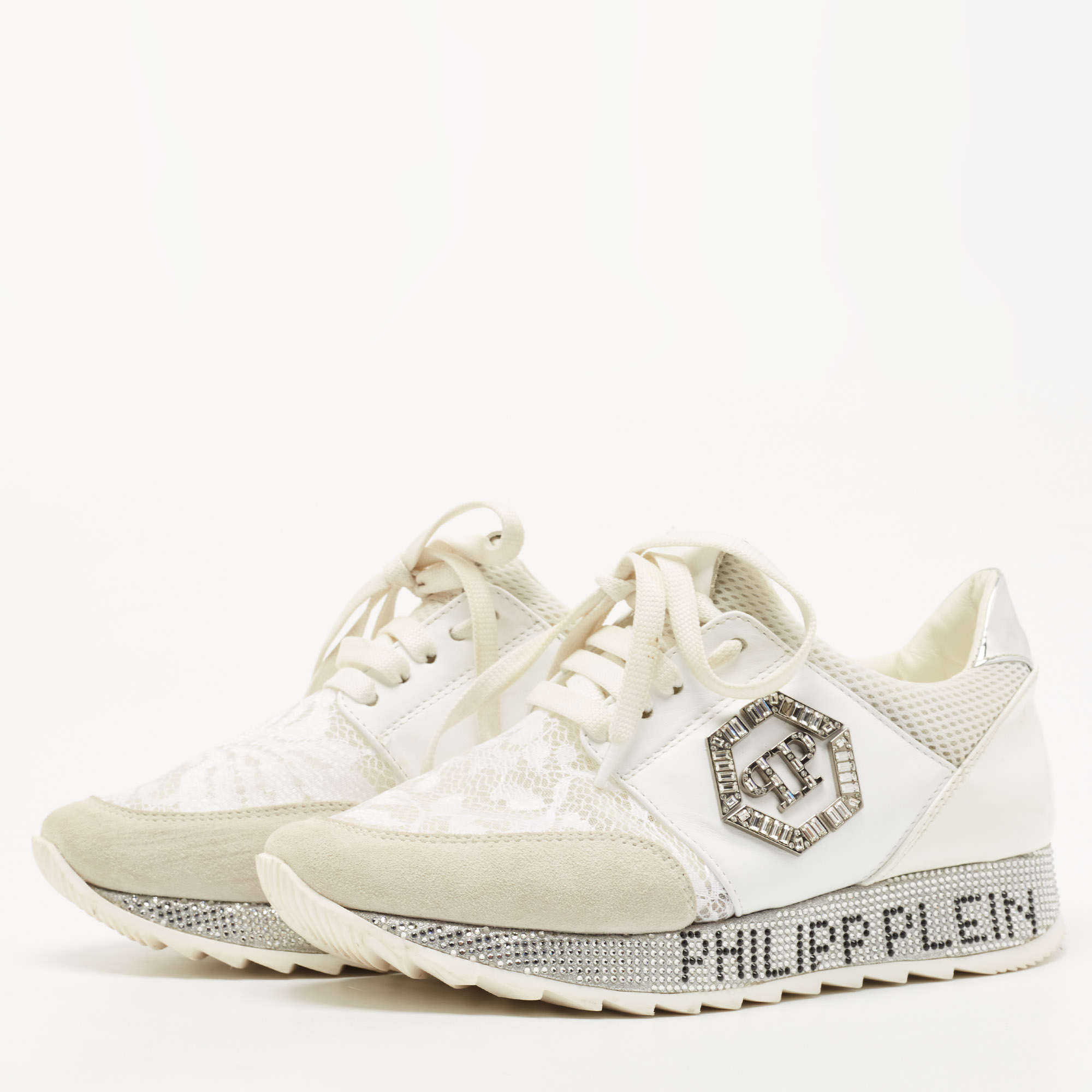 

Philipp Plein White Lace and Leather Embellished Logo Low Top Sneakers Size