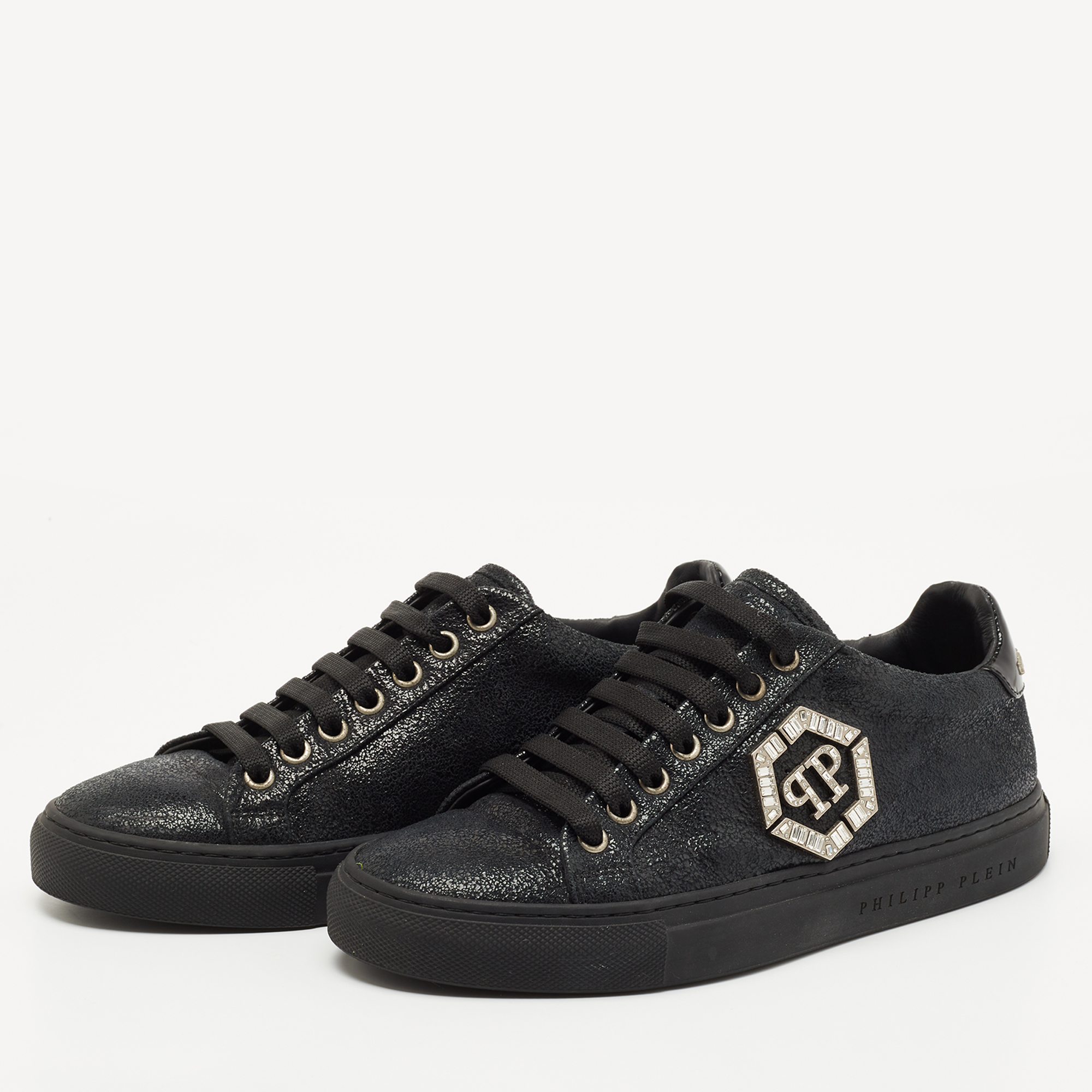 

Philipp Plein Black Textured Suede Embellished Logo Low Top Sneakers Size