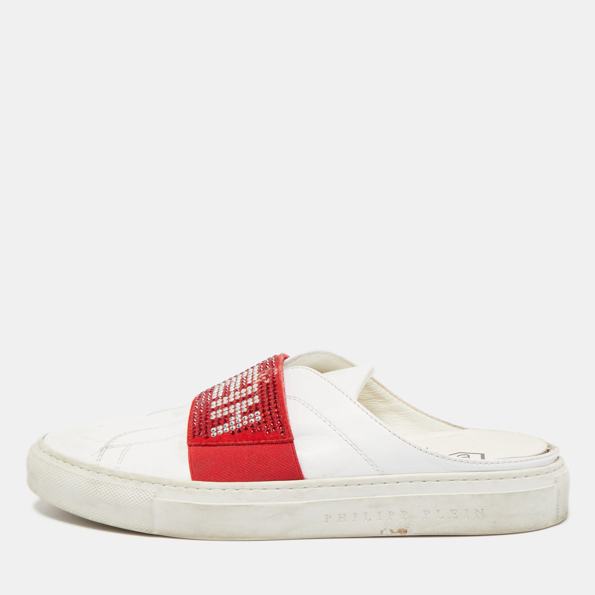 Pre-owned Philipp Plein Phillip Plein White/red Leather Crystal Embellished Logo Trainer Mules Size 38