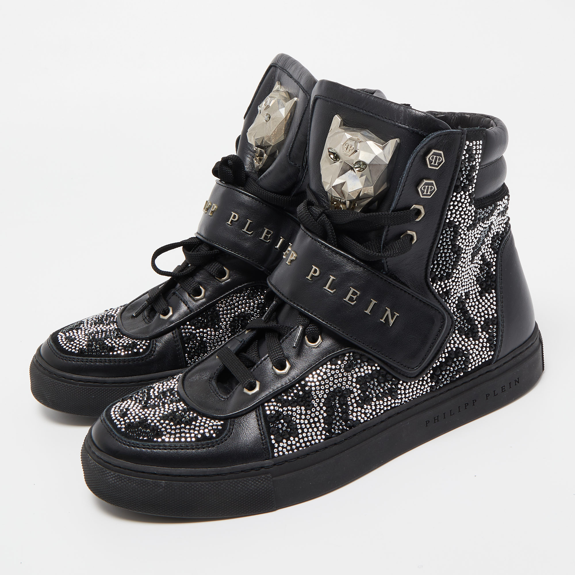 

Philipp Plein Black Leather Crystal Embellished High Top Sneakers Size