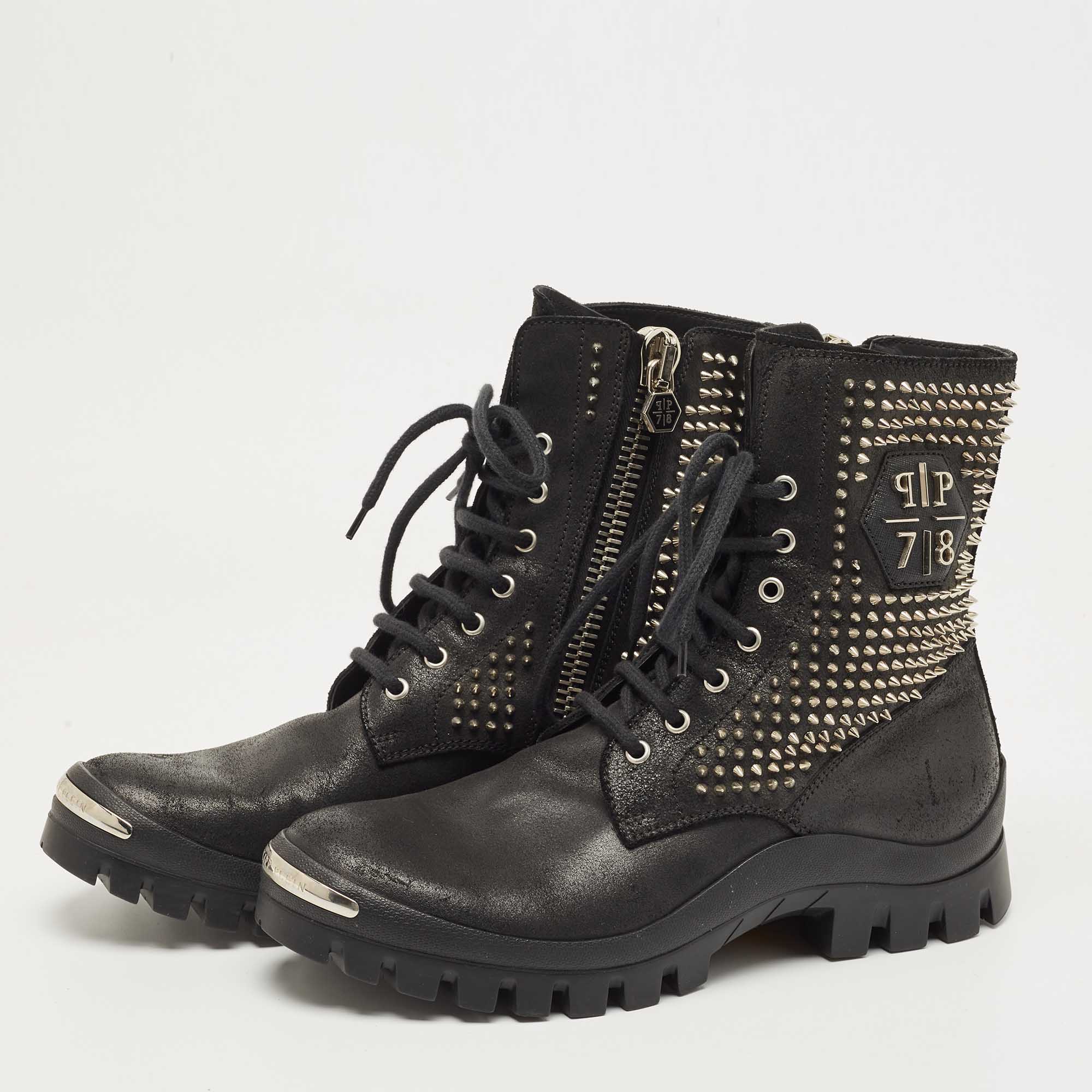 

Philipp Plein Black Leather Studded Lace Up Ankle Boots Size