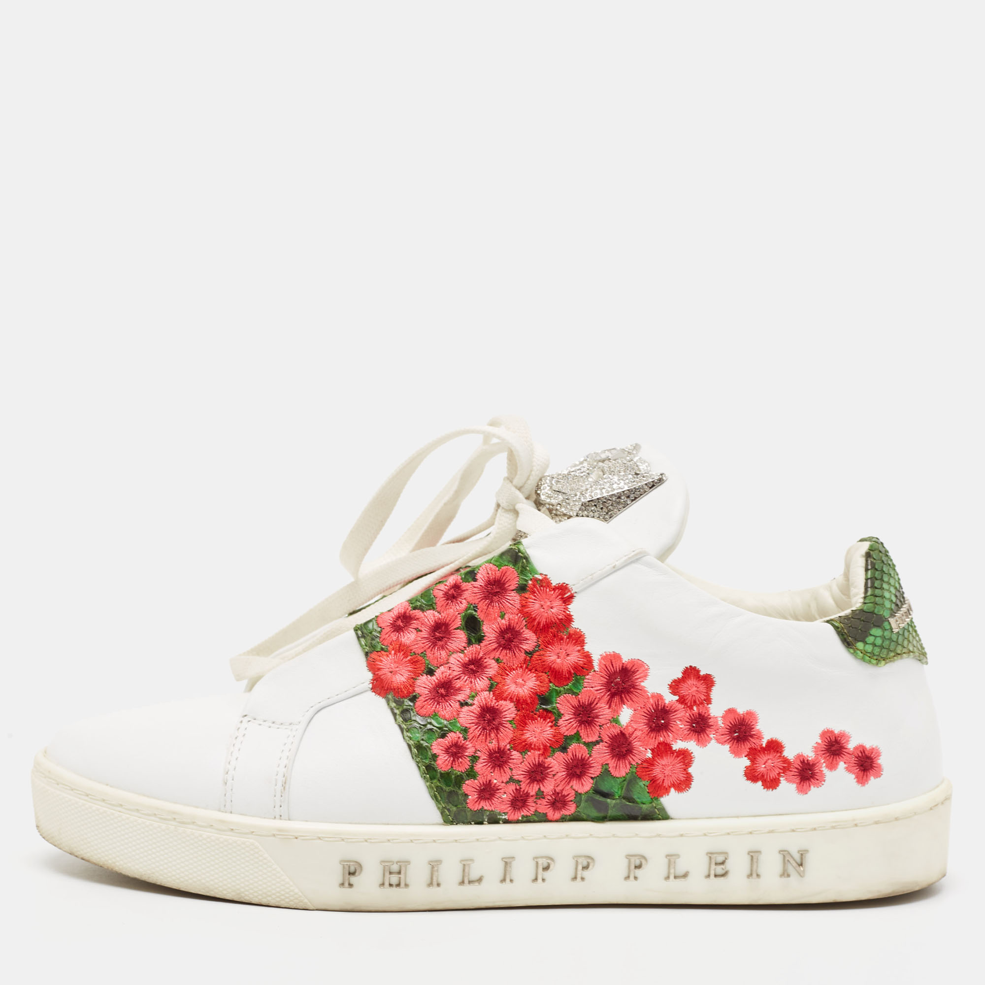 Pre-owned Philipp Plein White Leather Floral Embroidered 'i Wonder' Sneakers Size 39