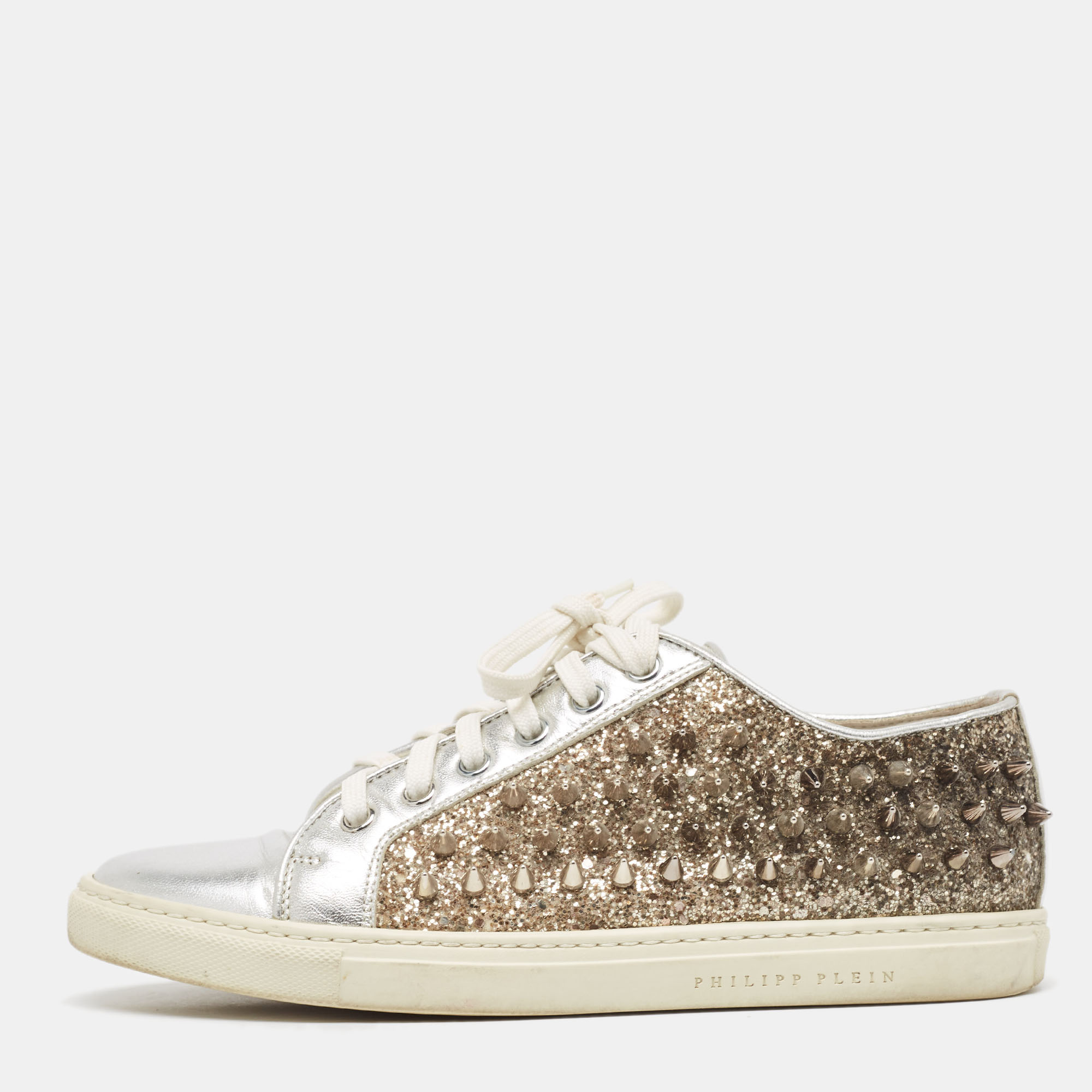 

Philipp Plein Silver/Gold Leather And Glitter Spike Sneakers Size