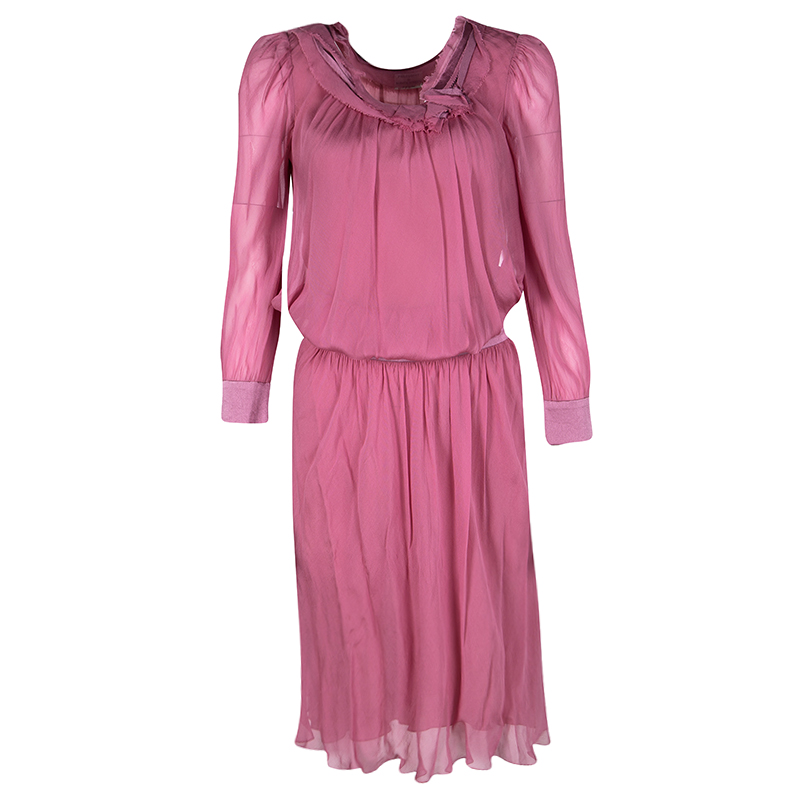 Philosophy di Alberta Ferretti Pink Silk Frayed Neck Detail Long Sleeve Dress S