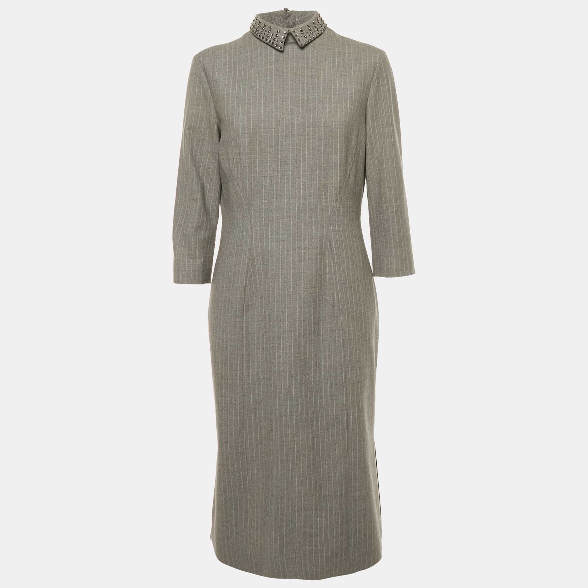 Pre-owned Philosophy Di Alberta Ferretti Grey Pinstriped Wool Embellished Collar Midi Dress L In Gray