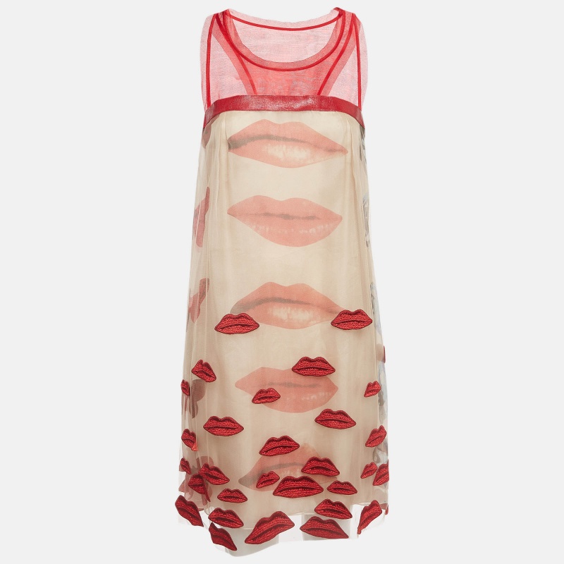 

Philosophy di Alberta Ferretti Red/Beige Lip Applique Tulle Dress S, Multicolor