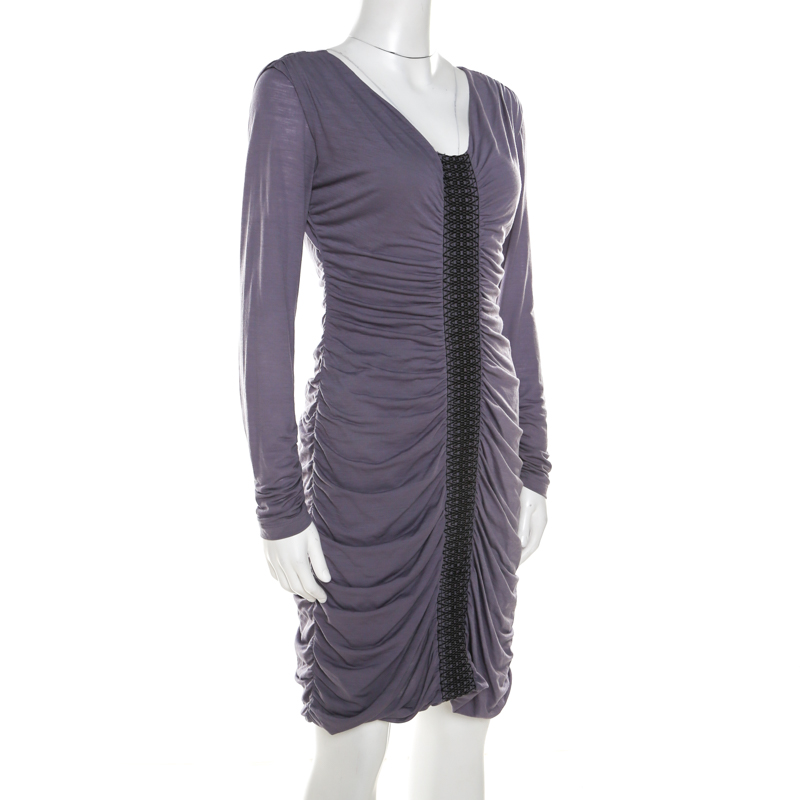 Pre-owned Philosophy Di Alberta Ferretti Lilac Jersey Embroidered Ruched Detail Dress M In Purple