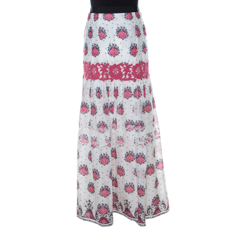 Pre-owned Philosophy Di Alberta Ferretti White & Pink Cotton Floral Print Lace Insert Maxi Skirt L