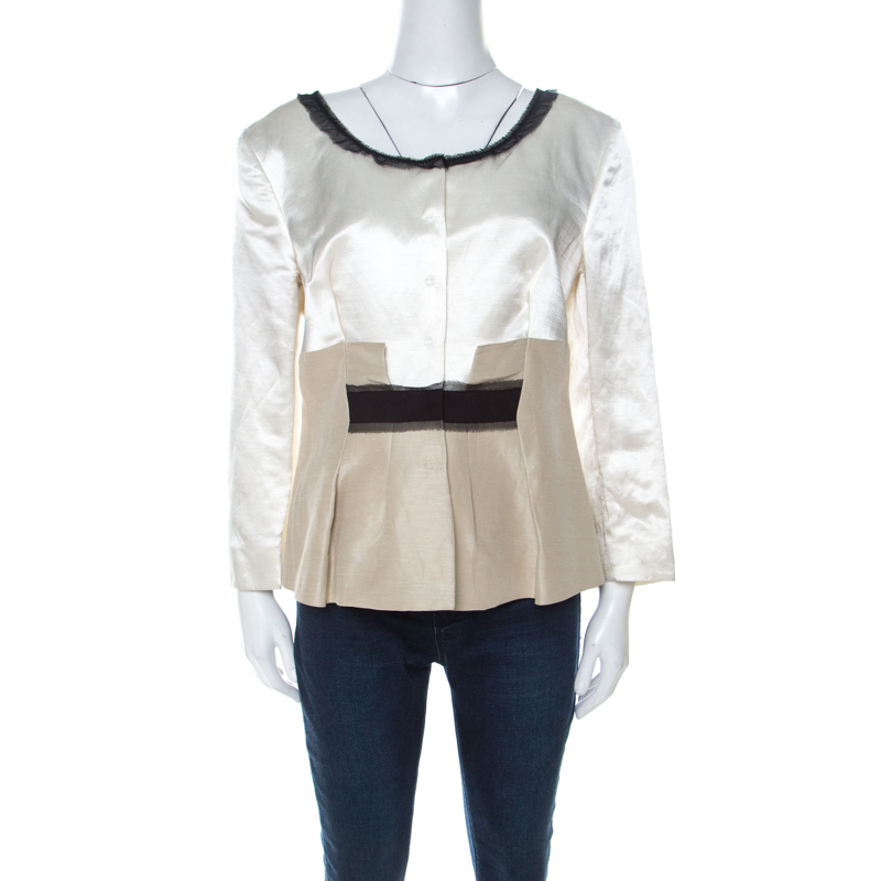 Philosophy di Alberta Ferretti White and Beige Silk and Linen Lace Trimmed Jacket L 