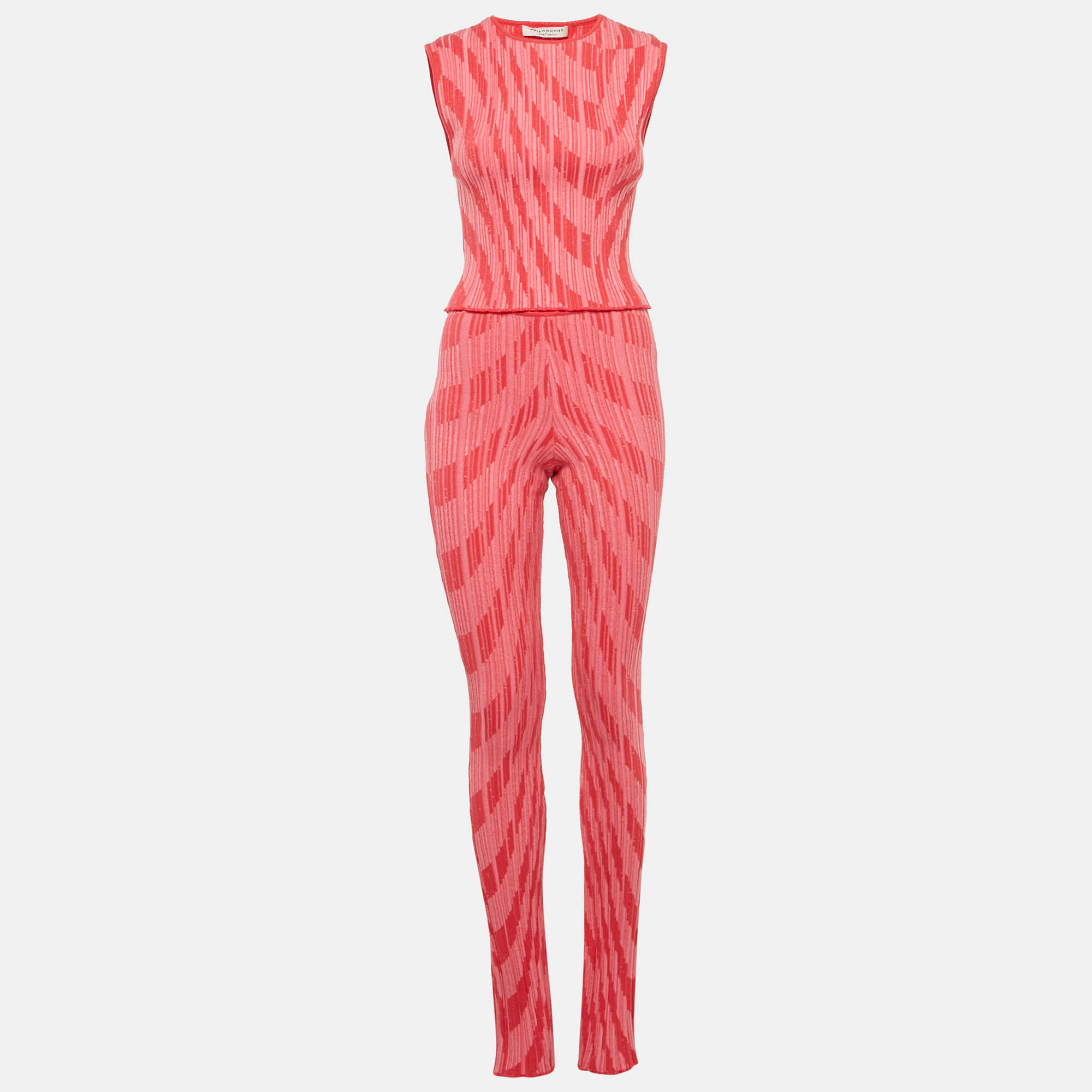 Pre-owned Philosophy Di Lorenzo Serafini Pink Patterned Rib Knit Flared Pants And Top Set M