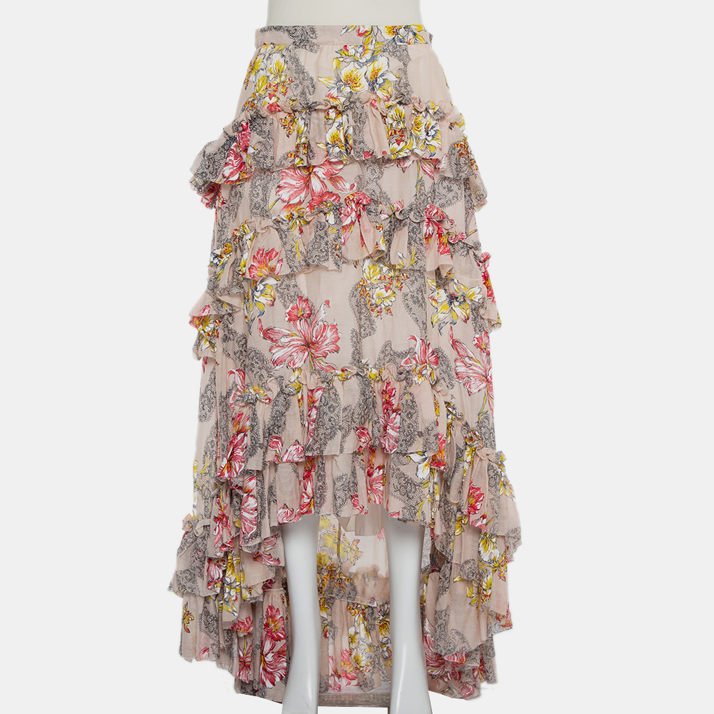 Pre-owned Philosophy Beige Floral Printed Cotton & Silk Ruffled Asymmetric Hem Midi Skirt M