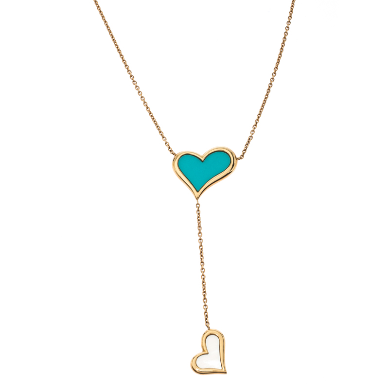 Piaget Turquoise Mother of Pearl Heart Inlay 18k Yellow Gold Y Necklace