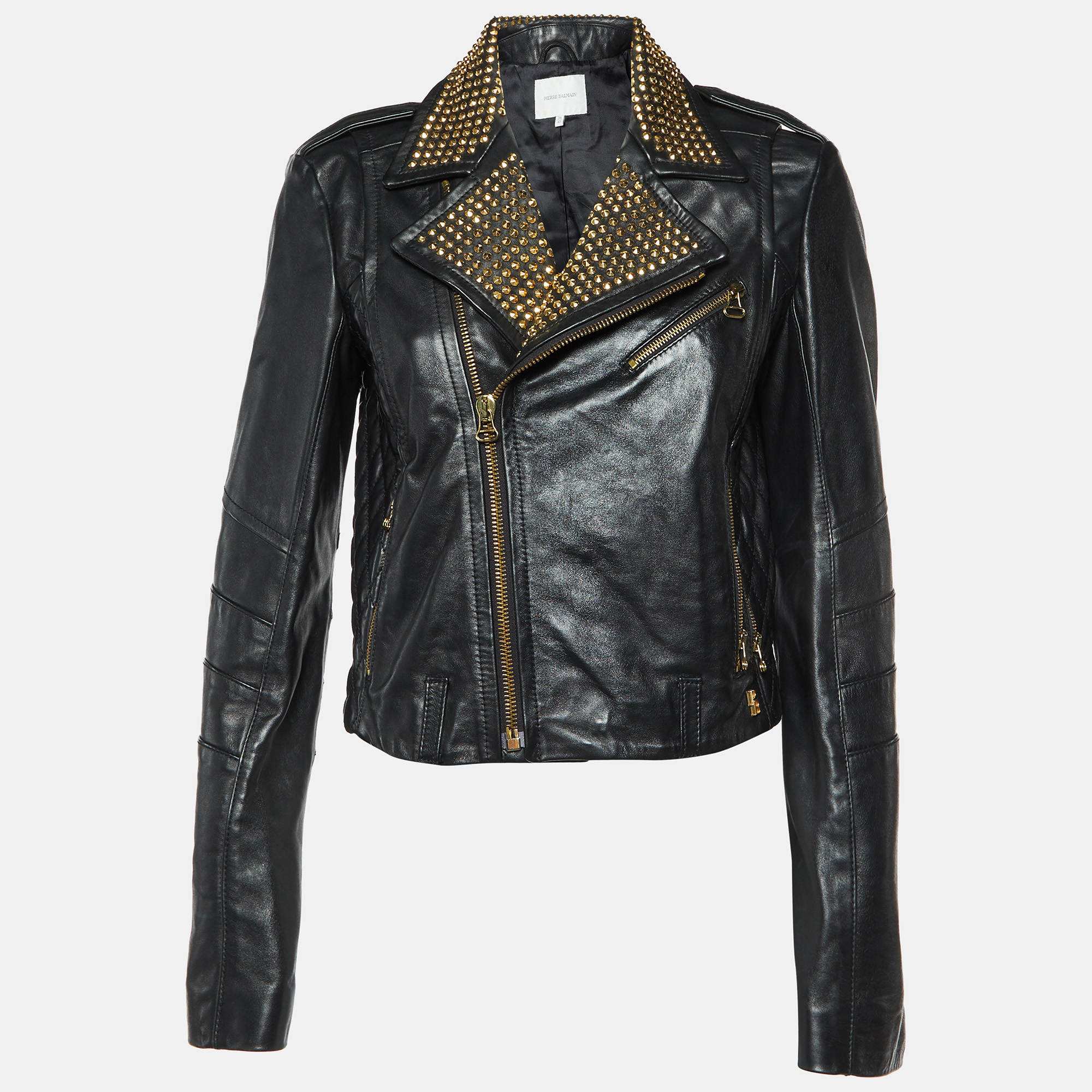 

Pierre Balmain Black Leather Studded Biker Jacket M