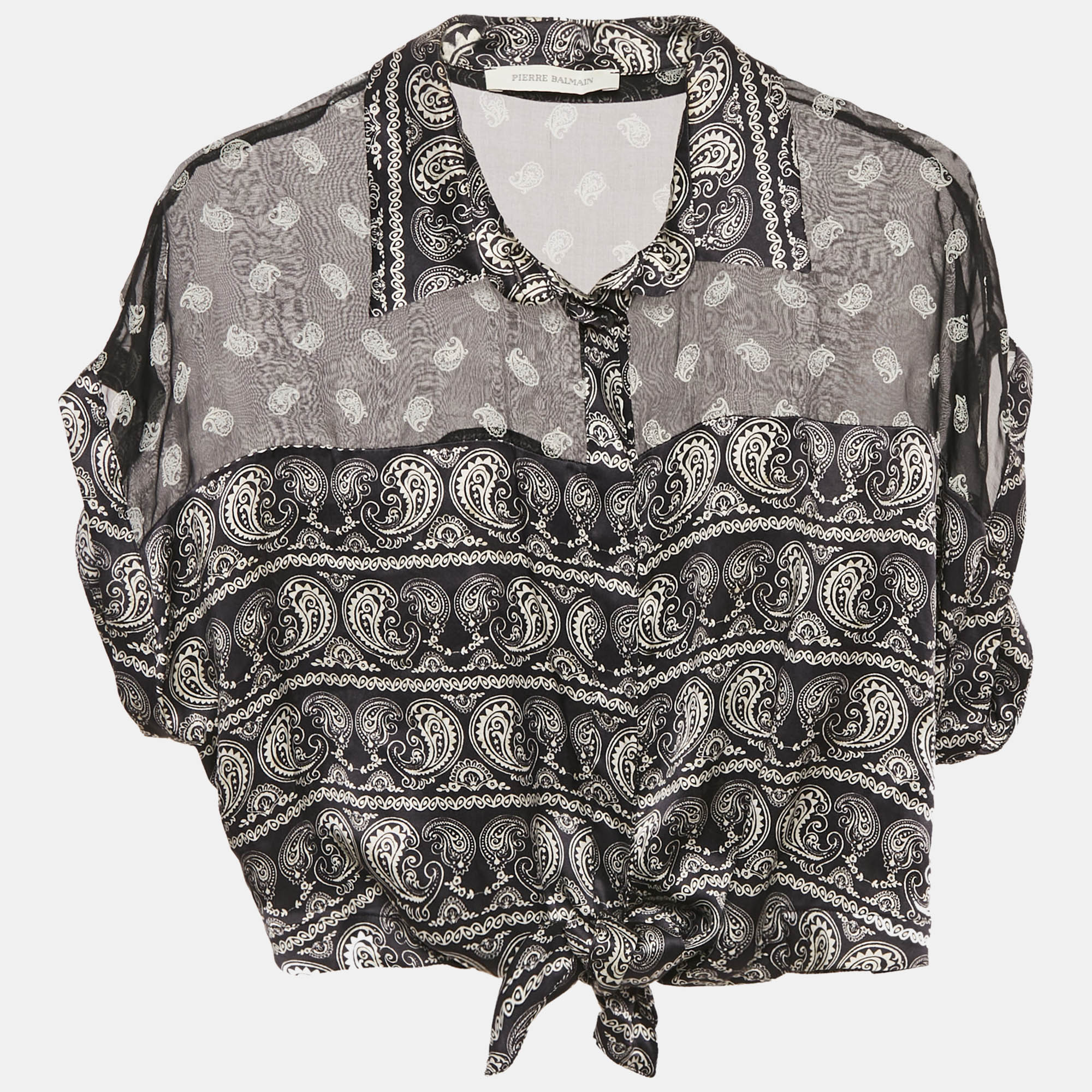 

Pierre Balmain Black Paisley Print Silk Tie Knot Crop Top M