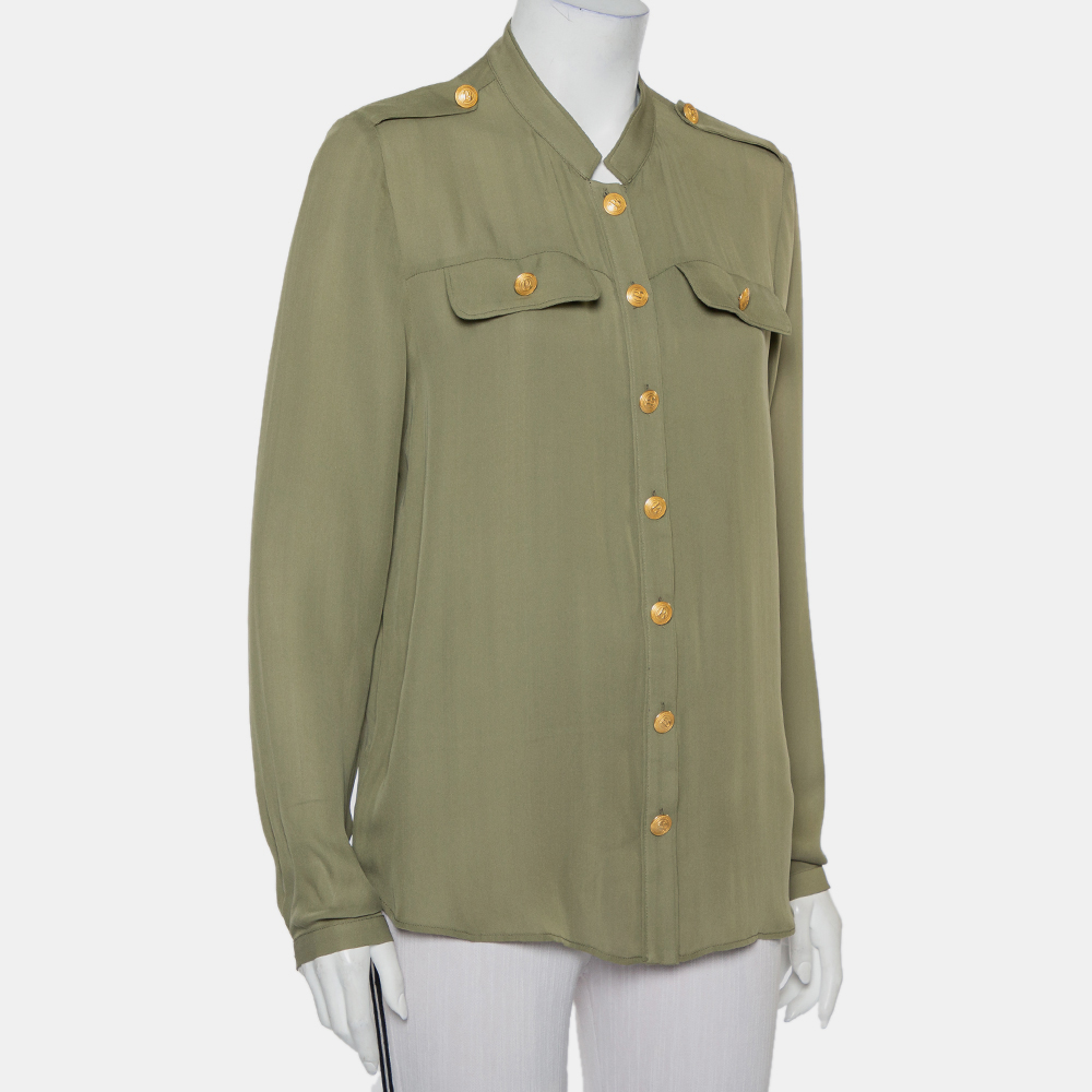 

Pierre Balmain Military Green Silk Half Collar Button Front Shirt