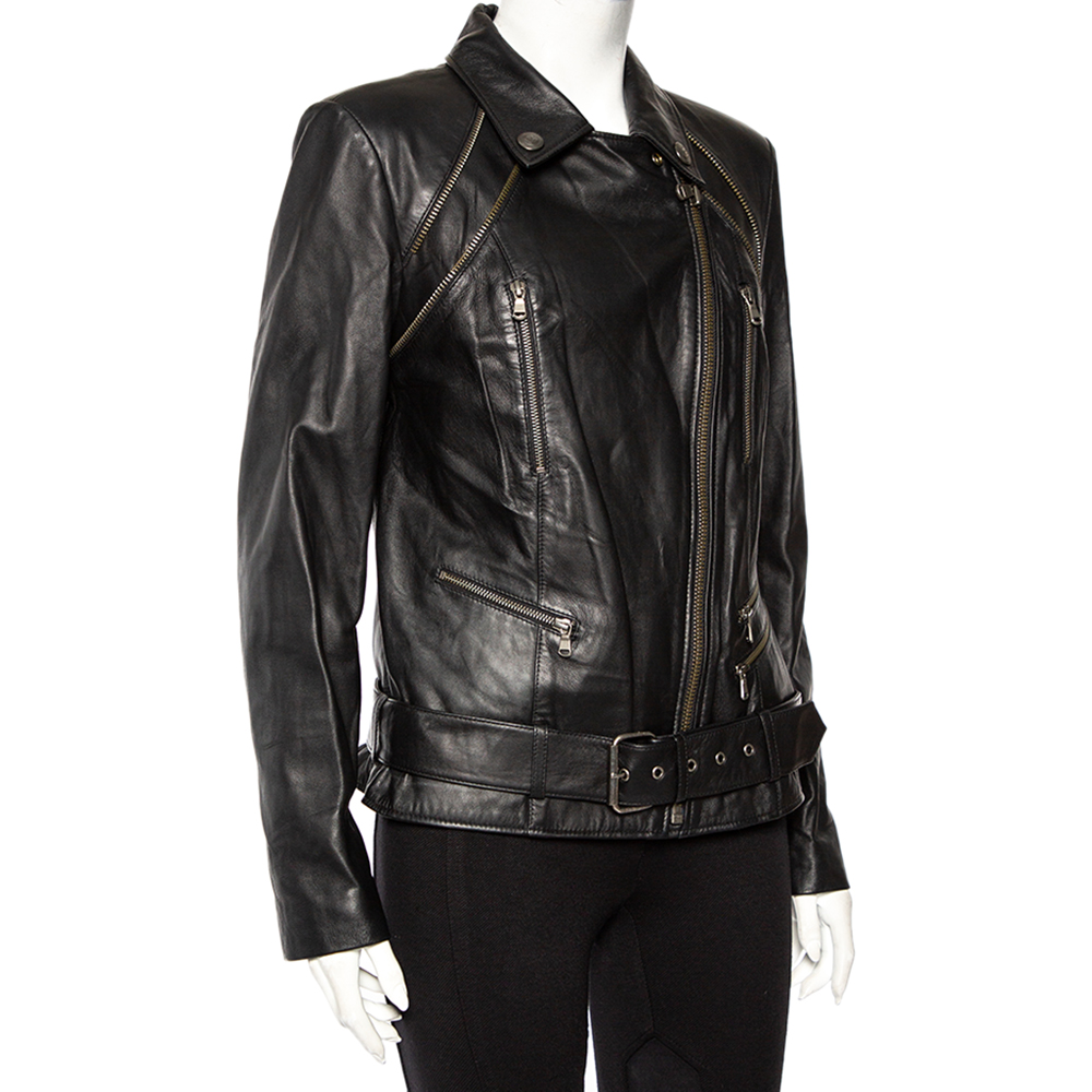 

Pierre Balmain Black Leather Zip Front Waist Belt Detail Biker Jacket