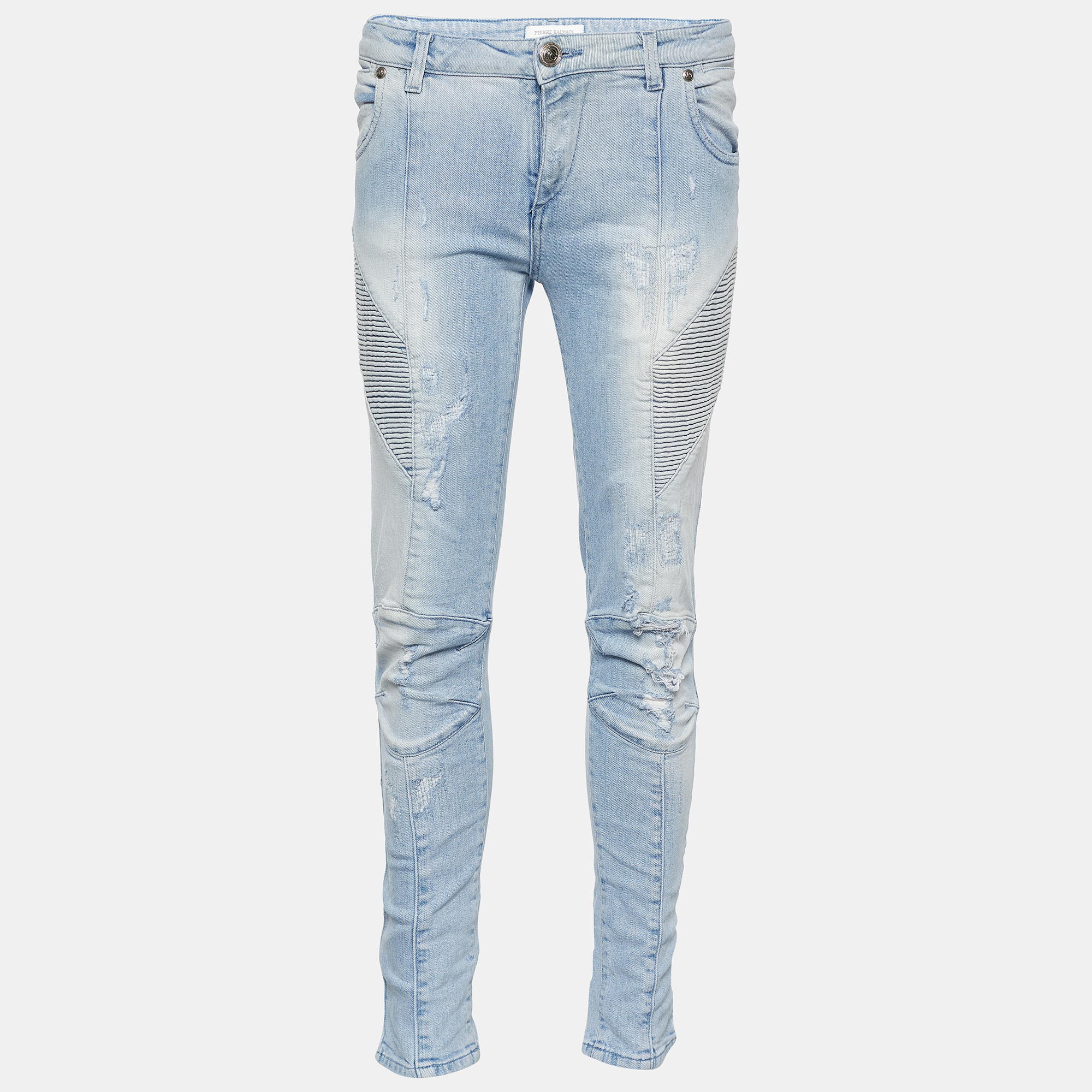 These jeans from Pierre Balmain are definitely a classy pair to own They are created using blue denim fabric and showcase distressed detailing zipper closure and four pockets. Put on these jeans and achieve a trendy casual style.