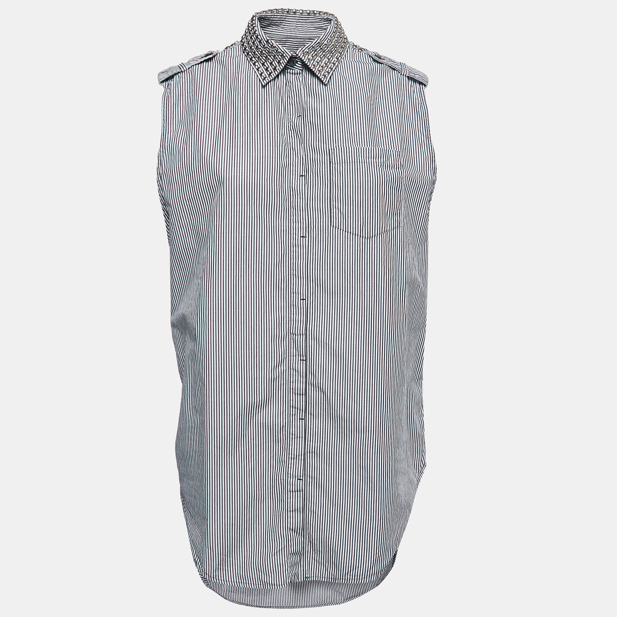 

Pierre Balmain Blue Striped Cotton Studded Detail Button Front Sleeveless Shirt M