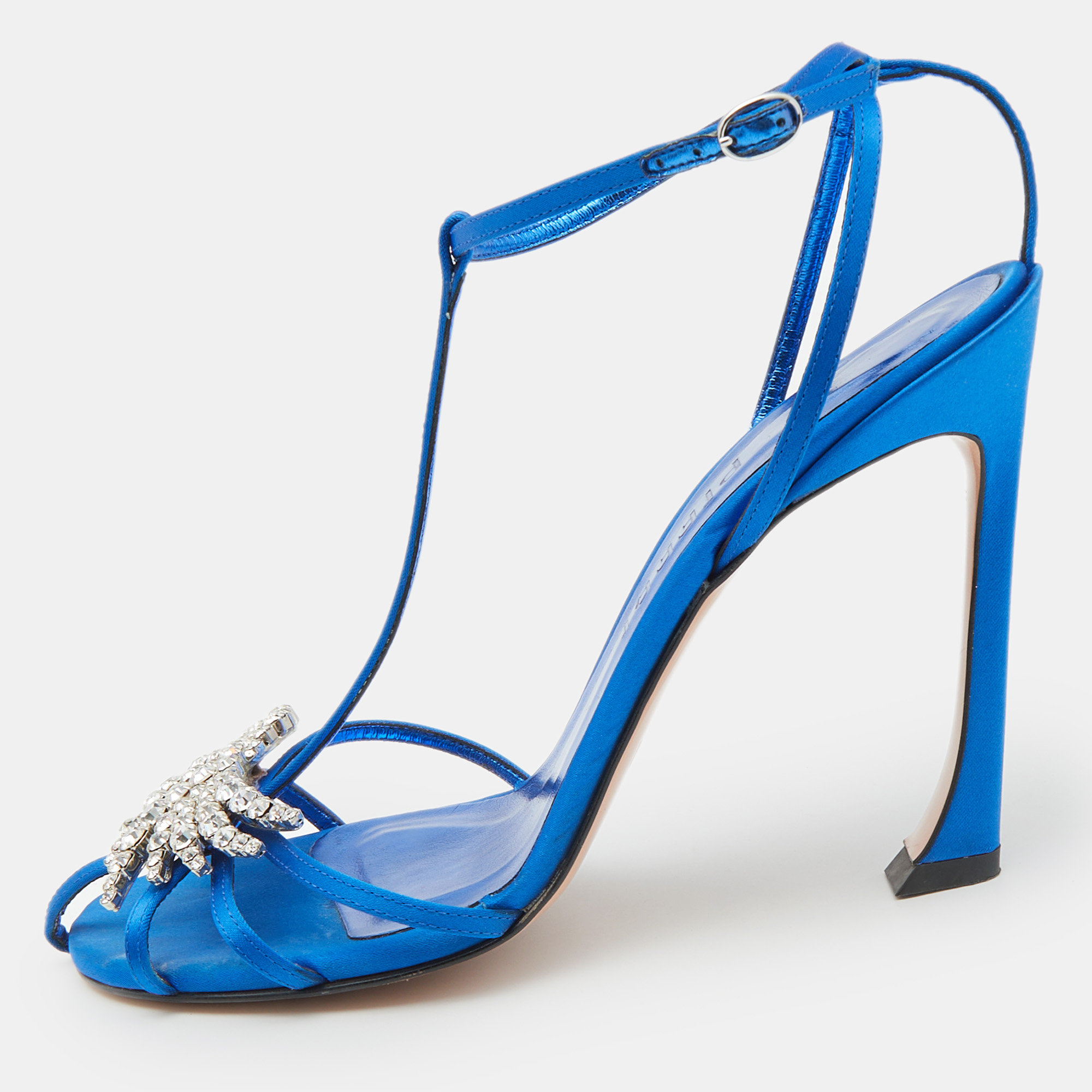 

Pierre Balmain Blue Satin Crystal Embellished T-Strap Sandals Size