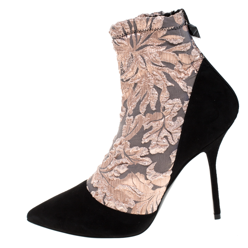 

Pierre Hardy Black Suede Leather And Pink Floral Fabric Pointed Toe Ankle Boots Size