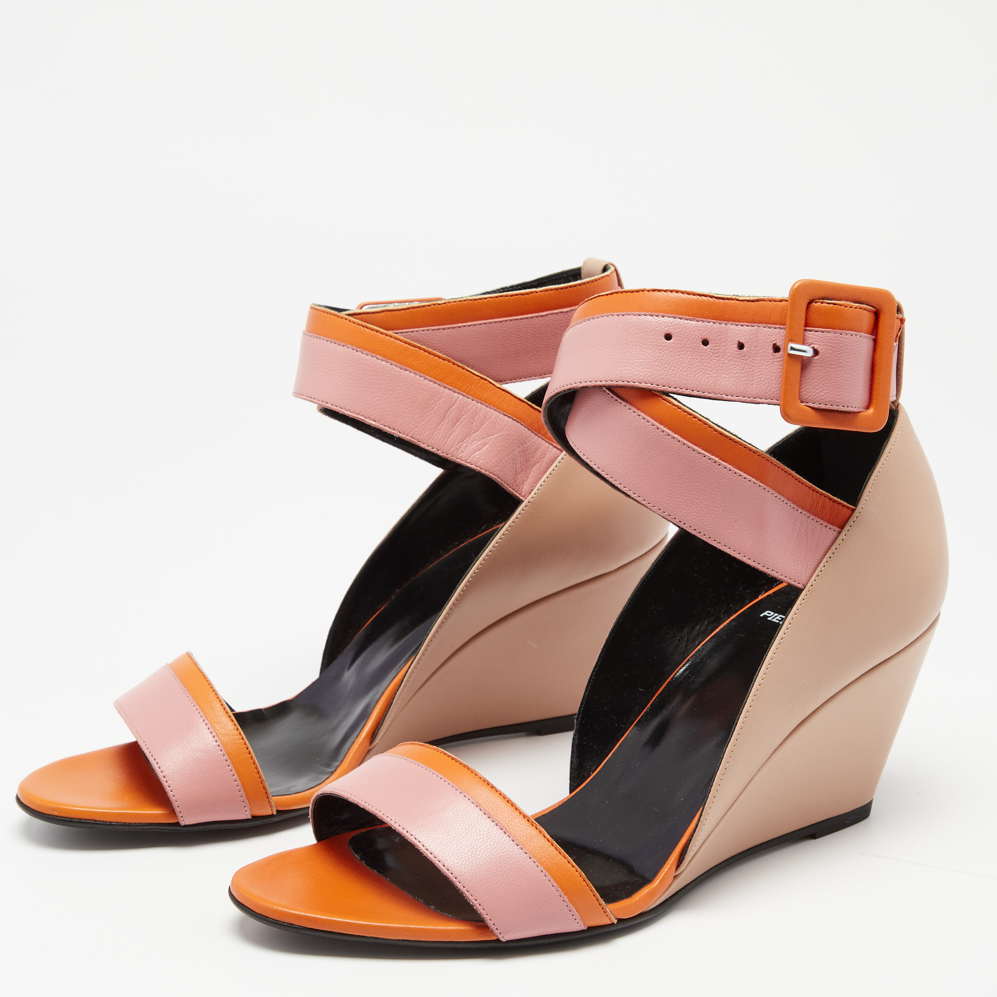 

Pierre Hardy Tri-Color Leather Ankle-Strap Wedge Sandals Size, Orange